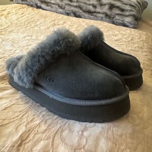 UGG Charcoal Gray Shearling Platform Slippers